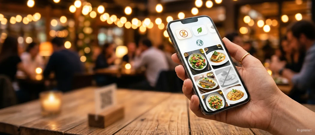Digitale Speisekarten 2027 mit menuQR — Gast liest die Karte auf dem Smartphone
