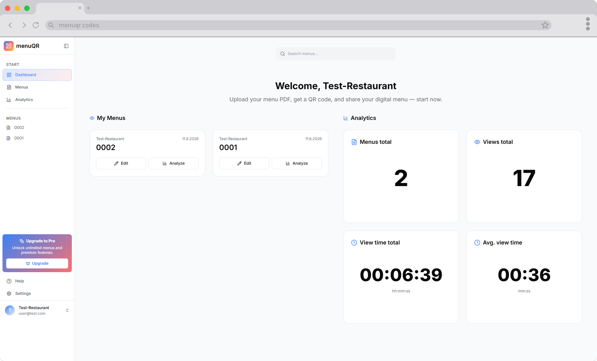 menuQR Dashboard