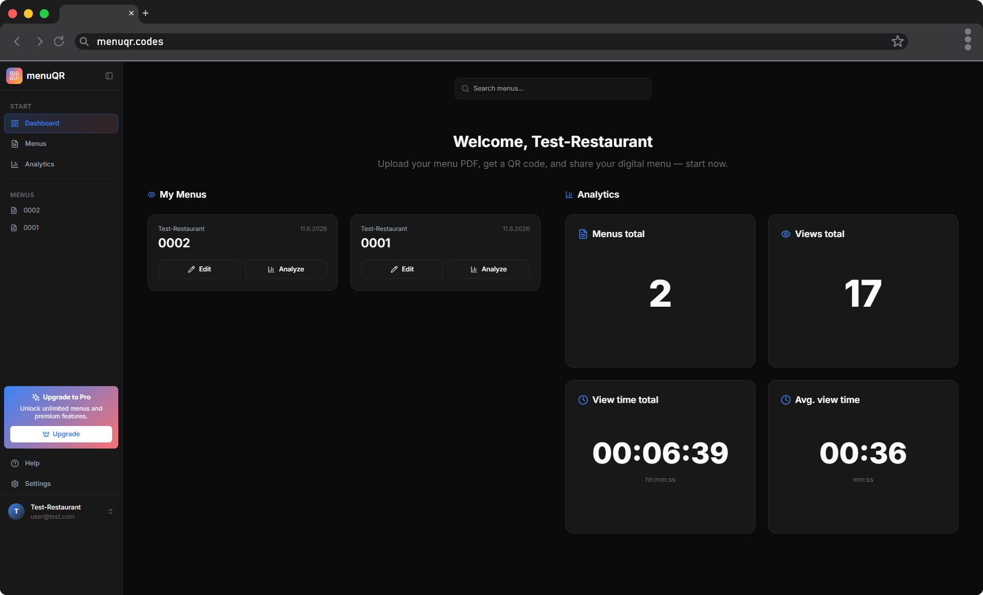 menuQR Dashboard